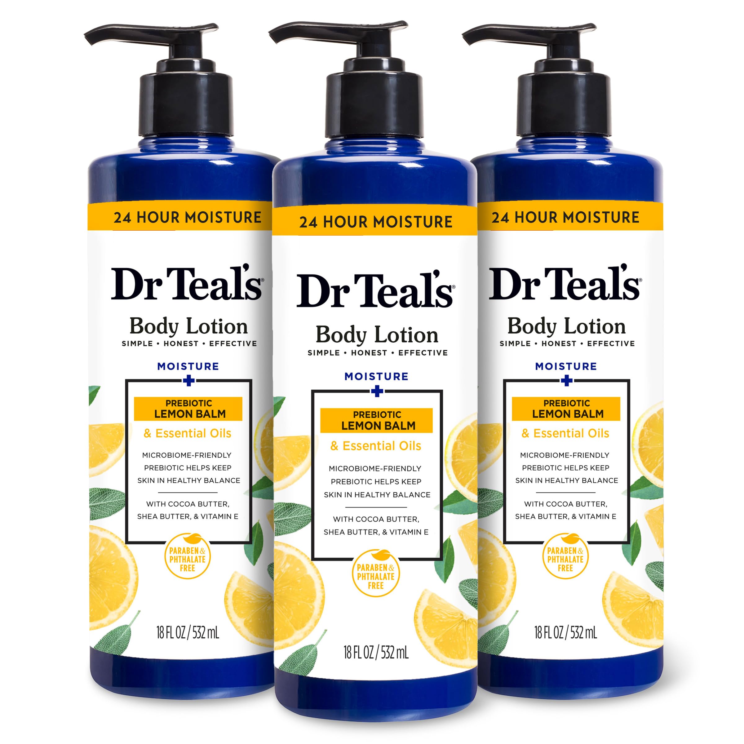 Dr Teal's Body Lotion, Lemon Prebiotic Lemon Balm & Essential Oils, 18 fl oz (Pack of 3)