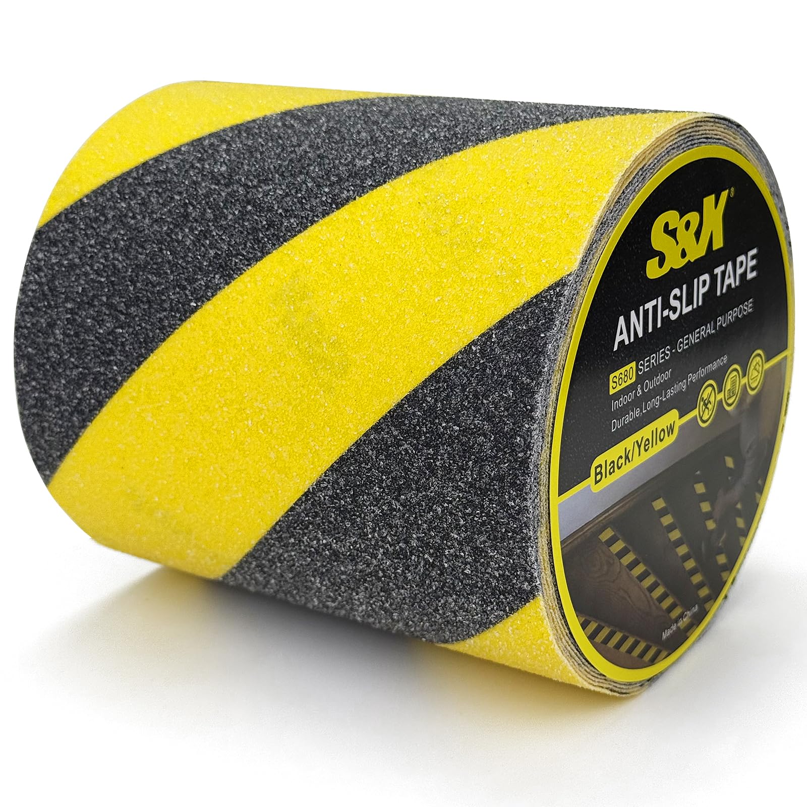 S&X Black/Yellow Anti Slip Tape, 6" x 33 FT, Heavy-Duty Grip Tape for Stairs Outdoor Waterproof Safety Non Skid Roll High Traction Non Slip Treads with Hard-Wearing Surface