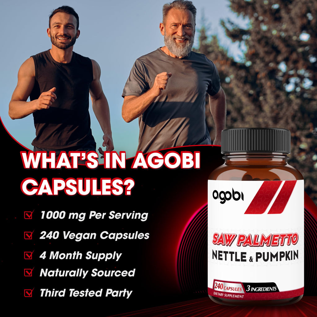 agobi Saw Palmetto Supplement with Nettle Leaf & Pumpkin - Support for Restful Mood, Hair Health, Immune System & Energy Production - 240 Veggie Capsules for 4-Month Suppply