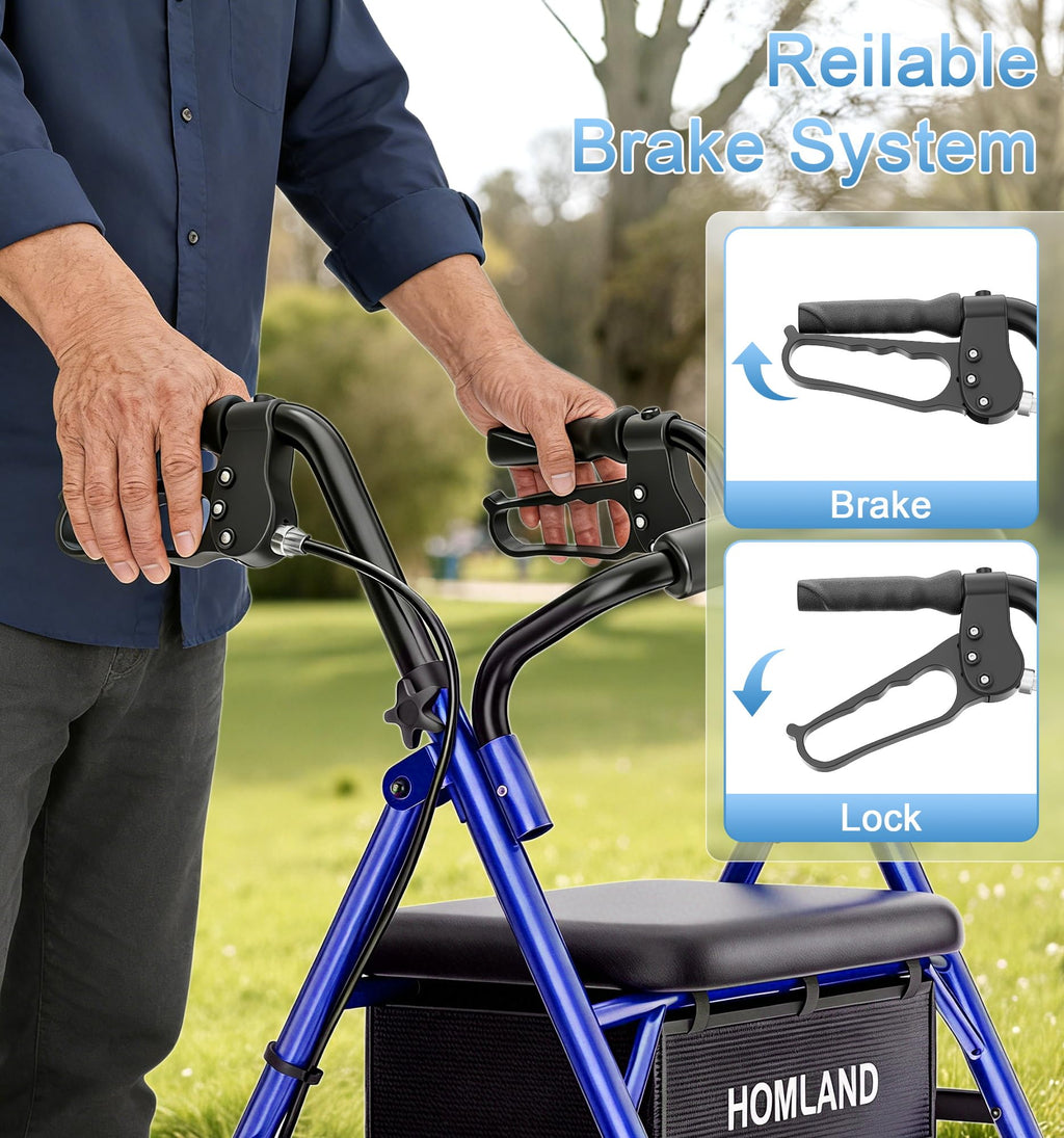 Walkers for Seniors with Seat, Lightweight 16 Pounds Folding Rolling Walker with 6-Inch Puncture-Resistant Wheel, 5-Level Height Adjustable, 300 lb Weight Capacity