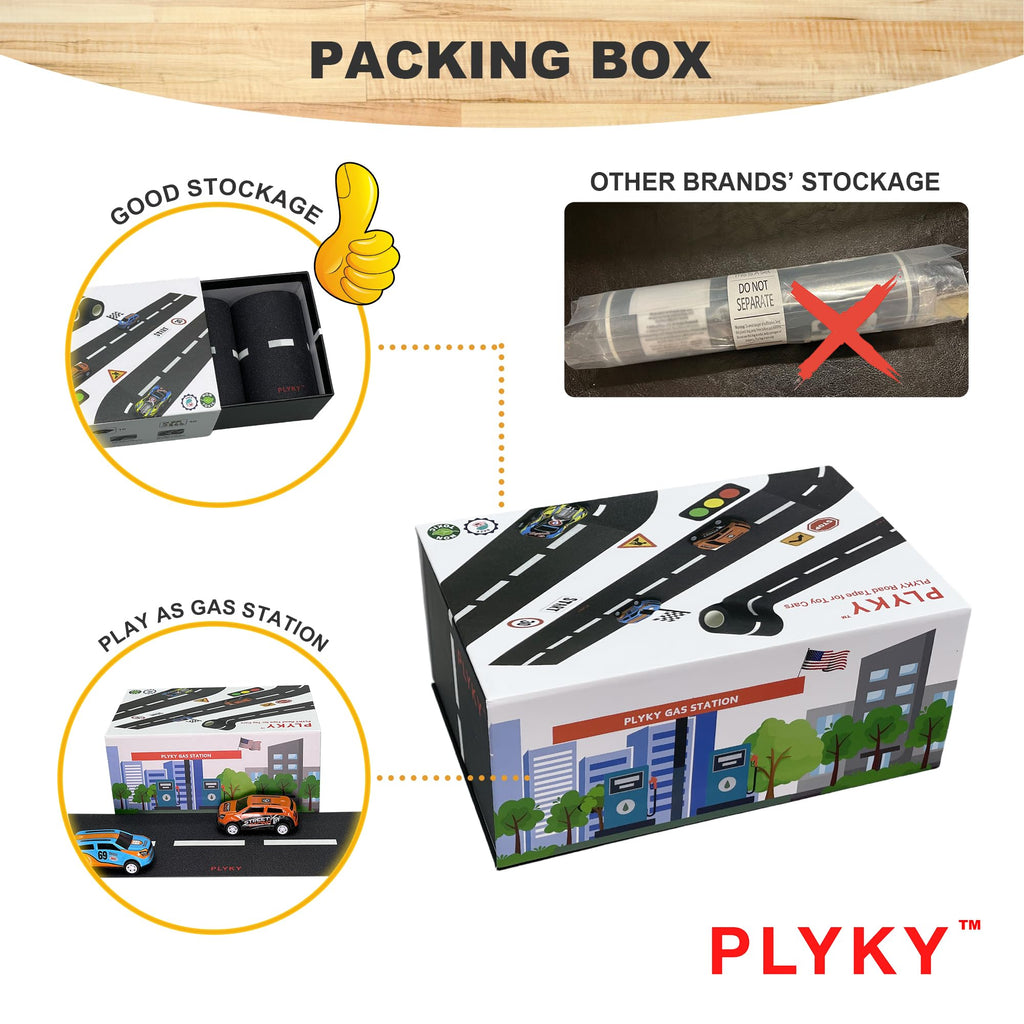 Deluxe Road Tape Play Set - 2x33ft Extended Track with Curves, 30 Traffic Sign Stickers & Durable Drawer Box - Versatile Car Track Tape for Kids, Creative Toy Car Track & Car Track Rug Alternative