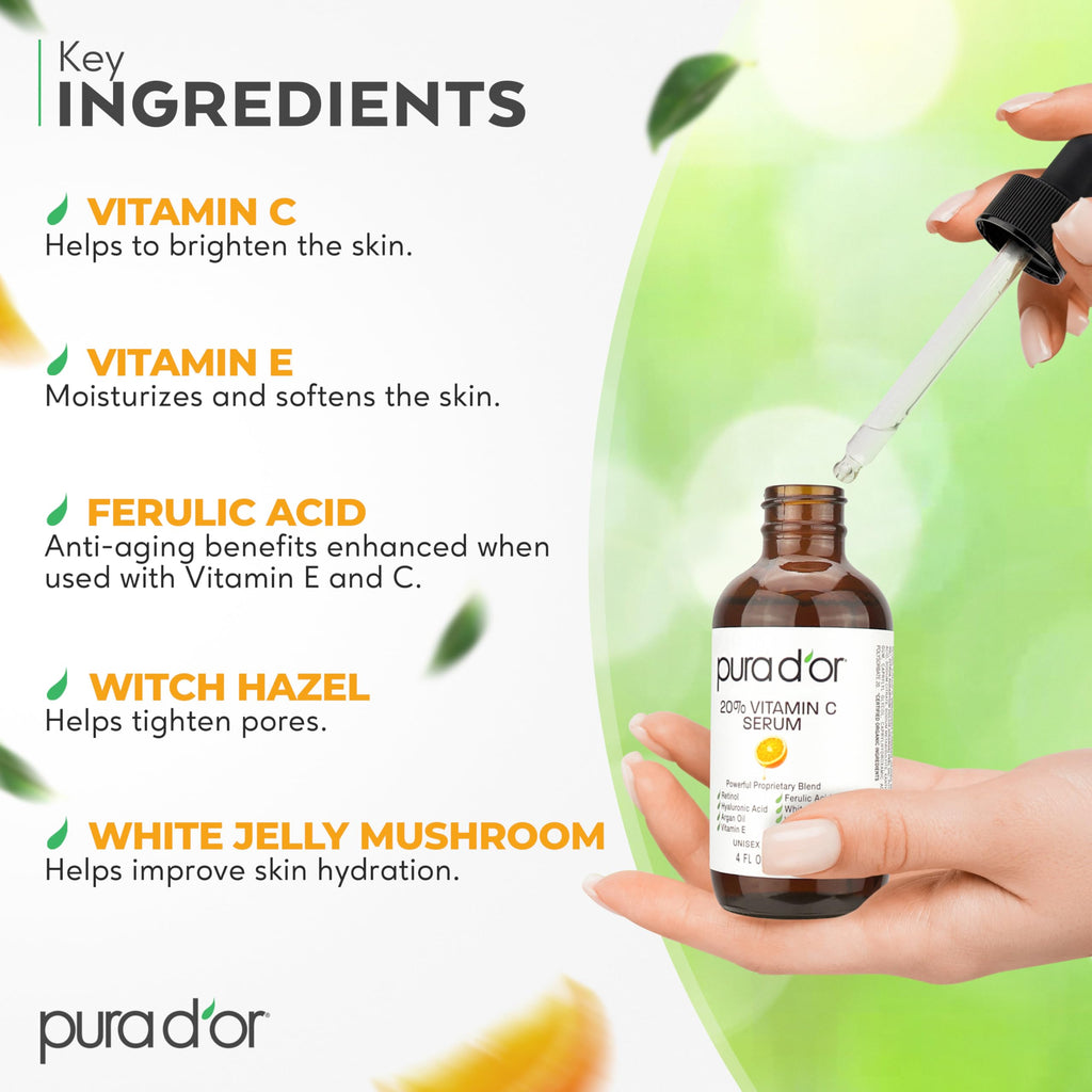 PURA D'OR 20% Vitamin C Facial Serum 4 Oz - Antioxidant Blend with Retinol, Hyaluronic Acid, Vitamin E & Ferulic Acid - Hydrating Lightweight Skincare Formula - Men and Women Daily Use Skin Care Plus