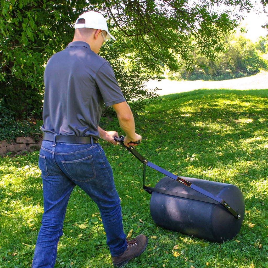 Brinly 270 lb. Combination Push/Tow Poly Lawn Roller with Easy-Turn Tethered Plug, 18 by 24" - Flat Black