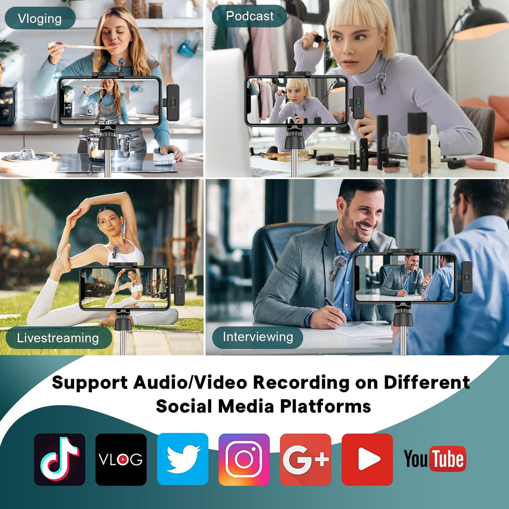 MAYBESTA Wireless Mini Microphone for iPhone, Android Phone - 2 Pack Lavalier Lapel Mic for Audio Video Recording - Clip on Content Creator Microphones for YouTube Tiktok Podcast Vlogging