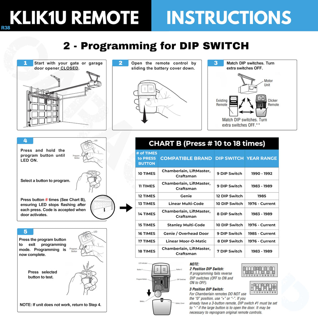Universal Garage Door Opener Remote – Replacement for LiftMaster, Chamberlain, Genie, Craftsman, Linear – Works with 375LM, 375UT, KLIK1U – Learn Button & DIP Switch – Operates 2 Doors/Gates, Blue