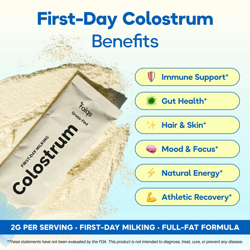 Folqs Bovine Colostrum Powder - First-Day Milking for Immune and Gut Support - 30 Servings - Supports Skin, Tissue Health - Made in USA - Amino Acids, Vitamins, Minerals - Kosher - Sustainably Sourced