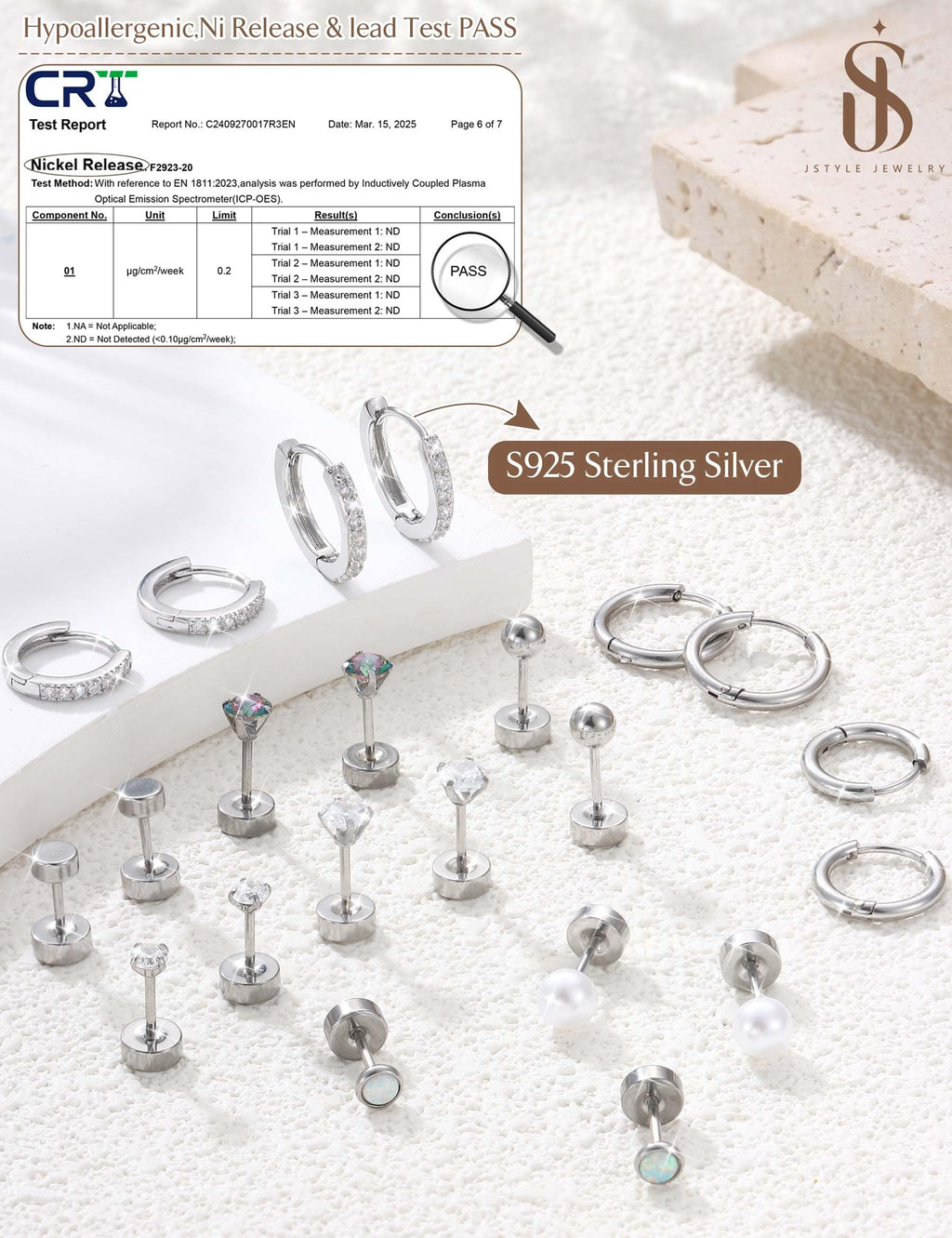 Jstyle Flat Back Earrings for Women Hypoallergenic Silver Earring Stacks