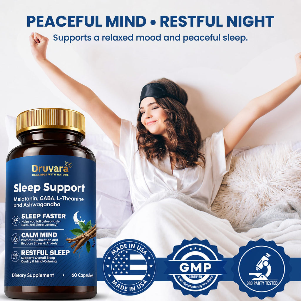 Druvara Natural Sleep Aid for Adults with Melatonin, GABA, L-Theanine & Ashwagandha, Natural Sleep Supplement for Deep, Restful Sleep - 60 Capsules