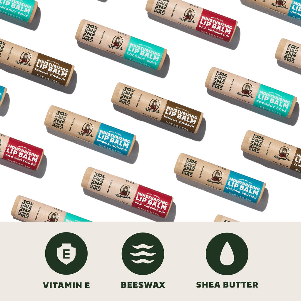 Dr. Squatch Natural Lip Balm for Men – Men’s Lip Care for Dry, Chapped Lips – Coconut Oil, Shea Butter & Beeswax – Original Squatch, Vanilla Bourbon, Coconut Cove, Wild Watermelon (0.25 oz, 4 Pack)