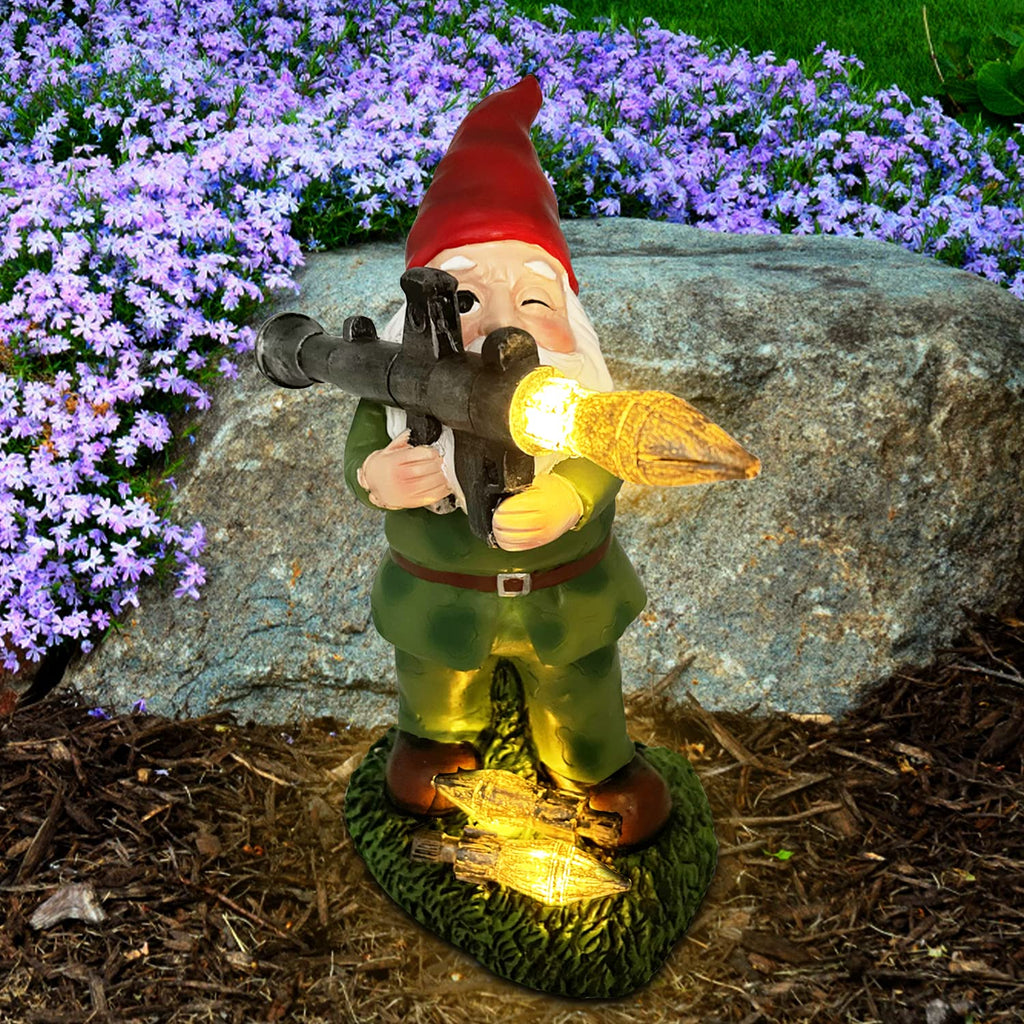 PERFECTOP Solar Military Garden Gnome Statue with RPG, Large War Army Combat Defender Soldier Patriotic Gnome Figurine with Gun, Outdoor Patio Yard Lawn Home Ornament Decor, Valentine's Day Men Gift