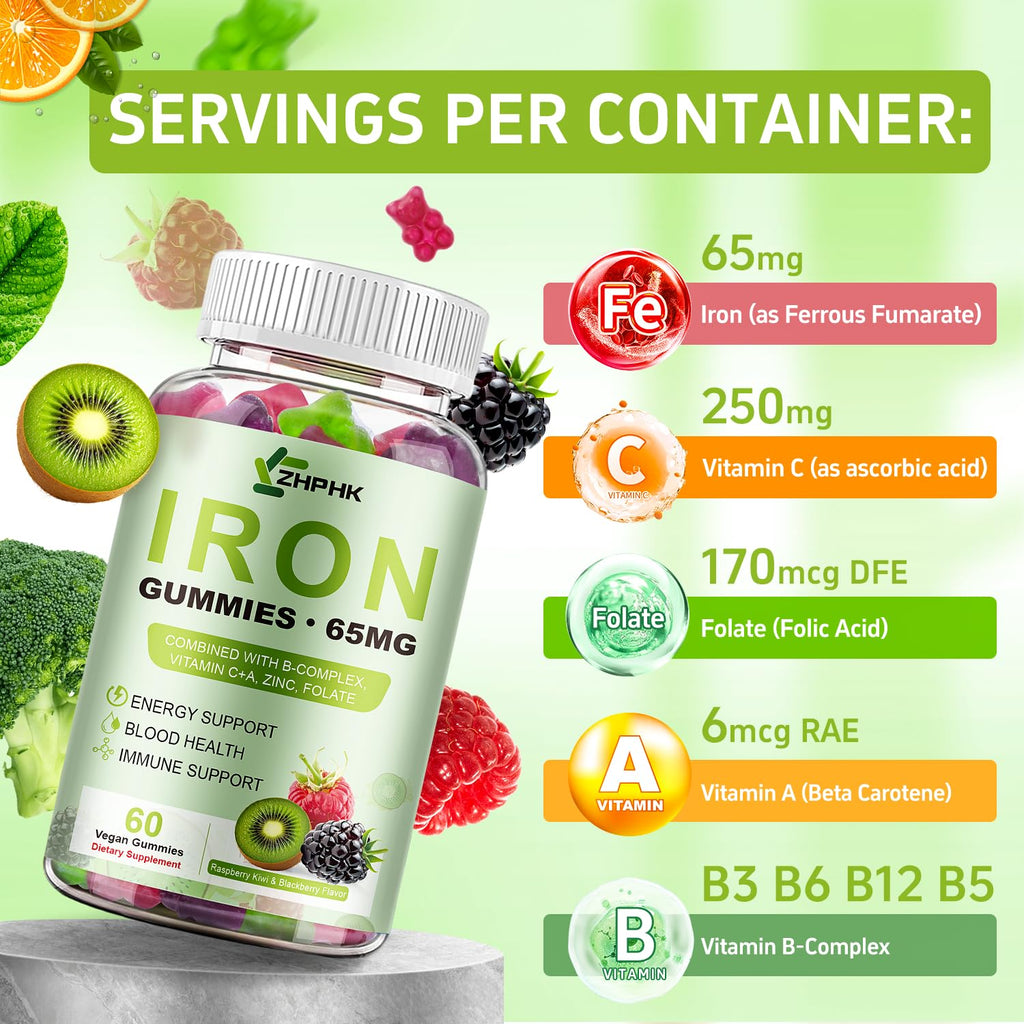 Iron Gummies for Women Men Vitamin Supplement 65mg & Vitamin C 250mg Per Serving with B6 B12 Folate- Energy Support for Iron Deficiency, Anemia, Vegan Raspberry Kiwi & Blackberry Flavor, 120 Gummies