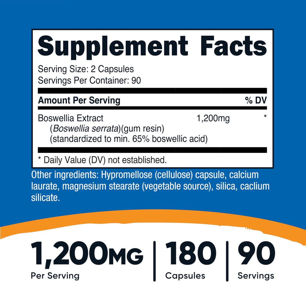 Nutricost Boswellia Extract 1,200mg Per Serving, 180 Capsules for 90 Servings Per Bottle - Standardized to 65% Boswellic Acid, Gluten Free and GMO Free, Vegan