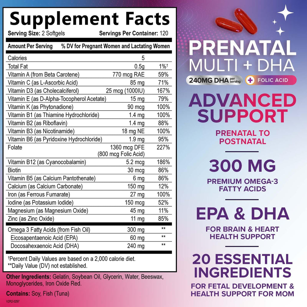 Prenatal Vitamins for Women with Folic Acid + Omega 3 DHA for Fetal Brain Development, Best Prenatal Vitamin Supplement, Daily Pregnancy Multivitamin Nutritional Support, Non-GMO - 240 Softgels