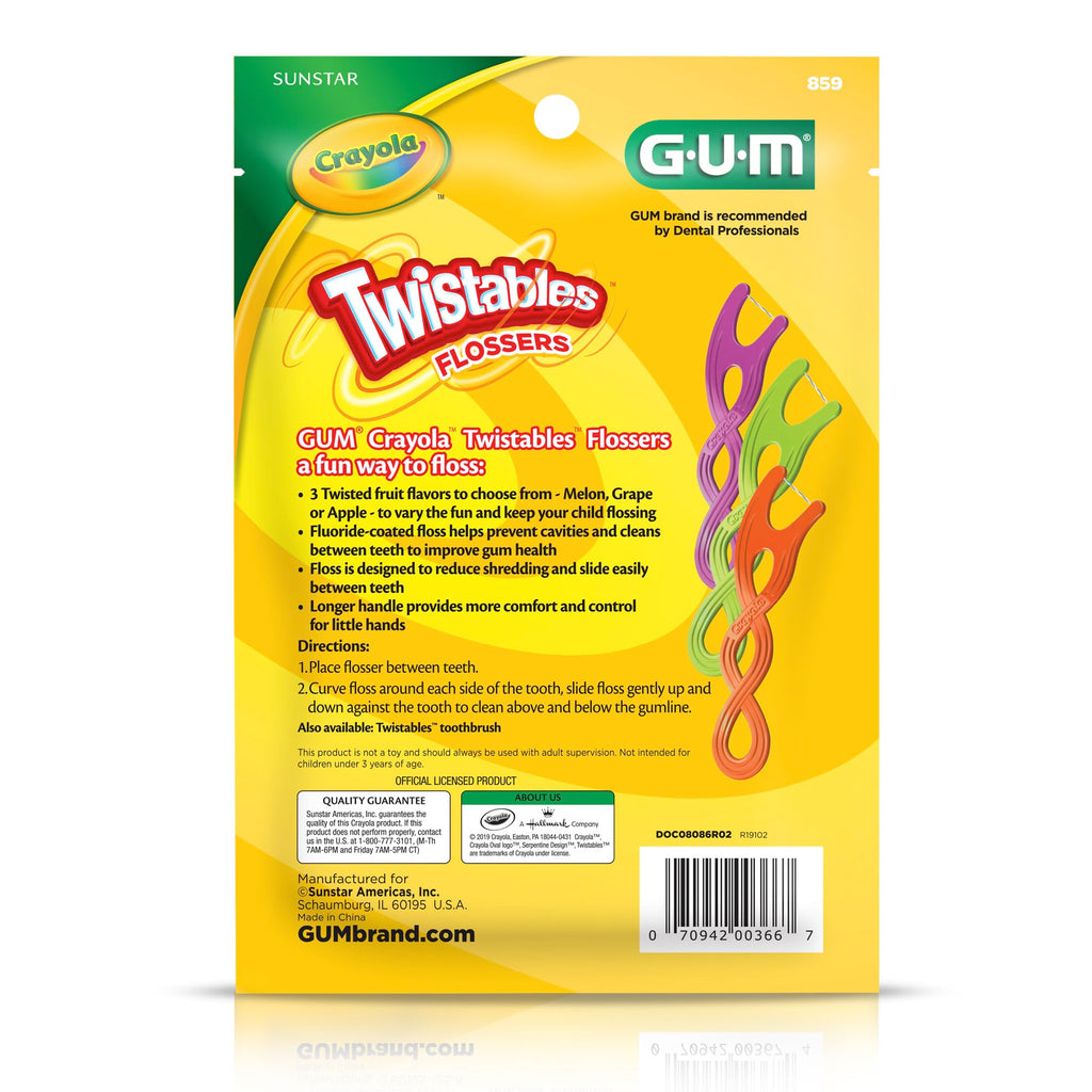 GUM Crayola Twistables Kids Flossers with Fluoride, Designed for Little Hands, Three Fun Fruit Flavors, Easy-to-Use Dental Floss Picks for Children Ages 3+, 90 Count (Pack of 4)