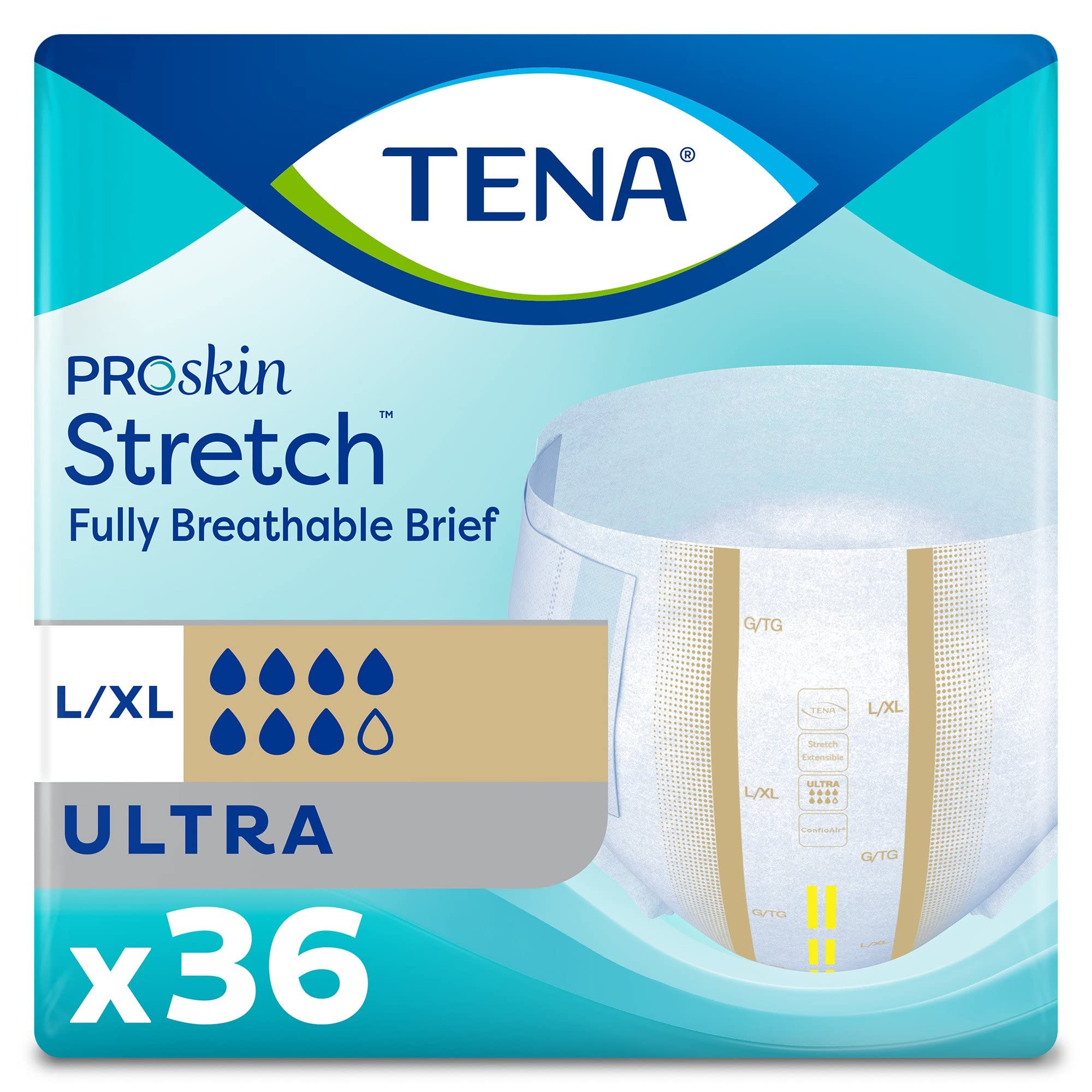TENA Stretch Ultra Briefs, Incontinence, Disposable, Heavy Absorbency, Large/XL, 36 Count, 2 Packs, 72 Total