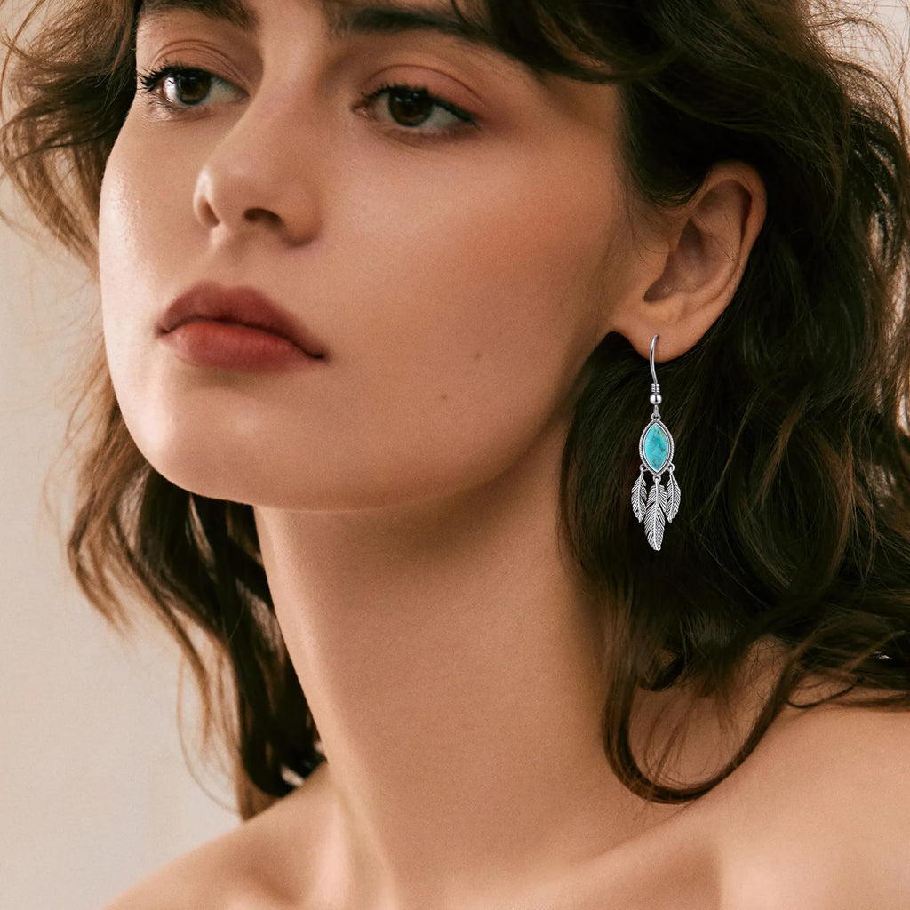 AVECON 2CT Marquise Turquoise Dangle Earrings for Women, Feather Jewelry