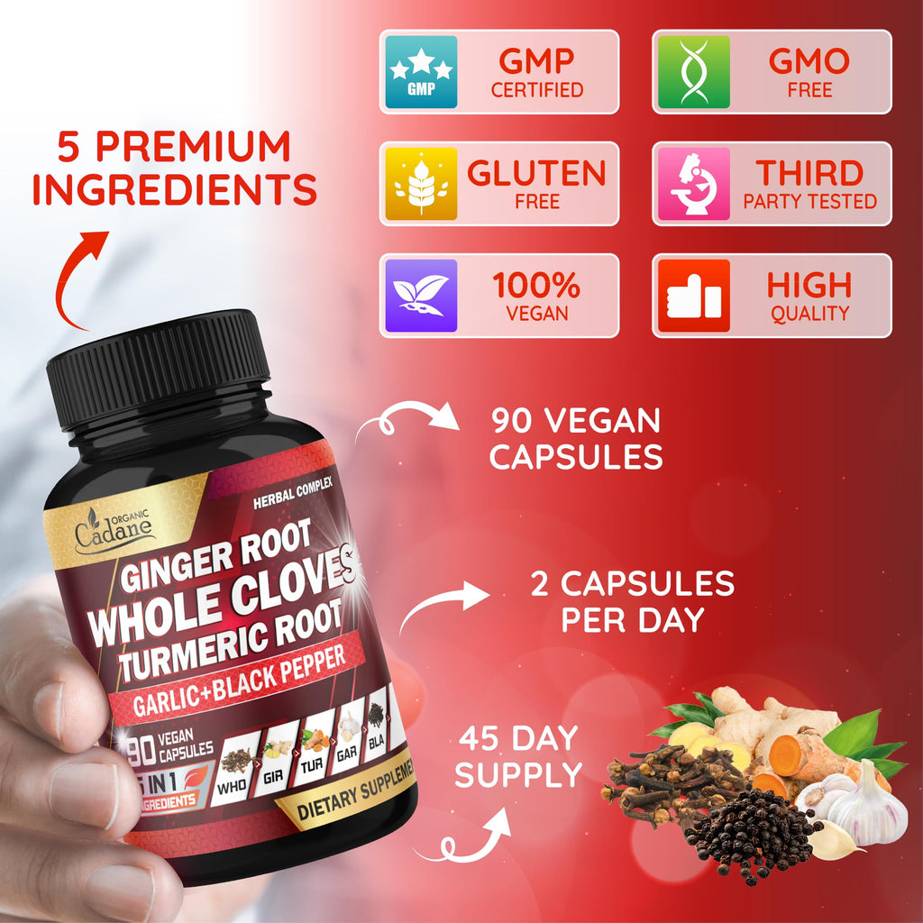 Cadane 5in1 Whole Cloves Herbal Blend | Digestive & Immune Support | Clove, Ginger, Turmeric, Garlic, and Black Pepper | Non-GMO, Vegan – 90 Capsules – 45-Day Supply