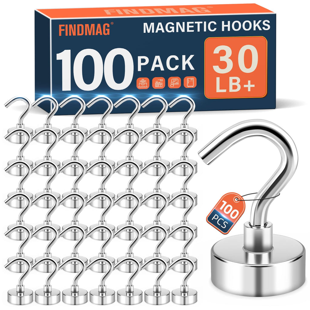FINDMAG Magnetic Hooks for Cruise Cabins, 30lbs Strong Magnet Hooks Heavy Duty, N52 Rare Earth Magnetic Hooks for Hanging, 2026 Cruise Cabin Ship Essentials, Kitchen, Home, Workshop (100 Pack, Silver)