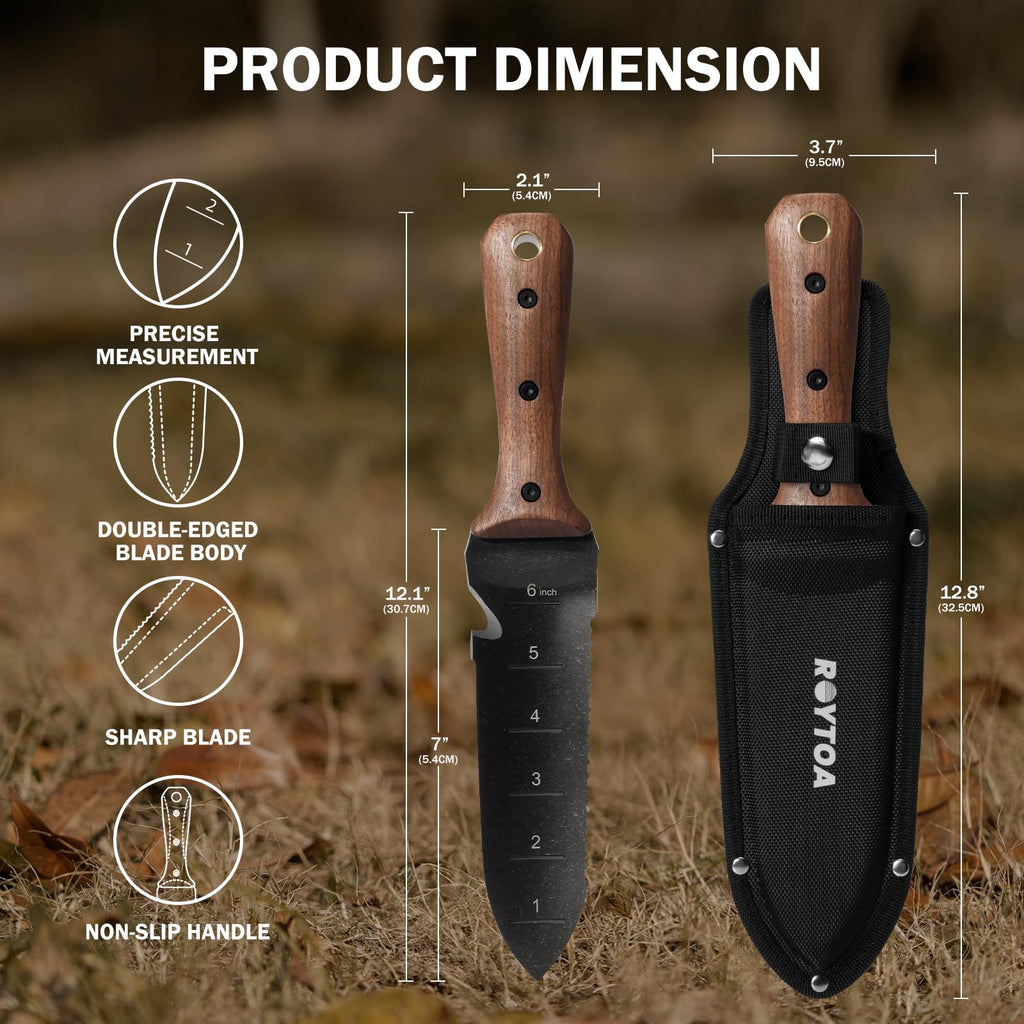 ROYTOA Hori Hori Garden Knife, Garden Tools with Sheath for Weeding,Planting,Digging, 7" Stainless Steel Blade with Cutting Edge, Full-Tang Walnut Wood Handle with Hanging Hole