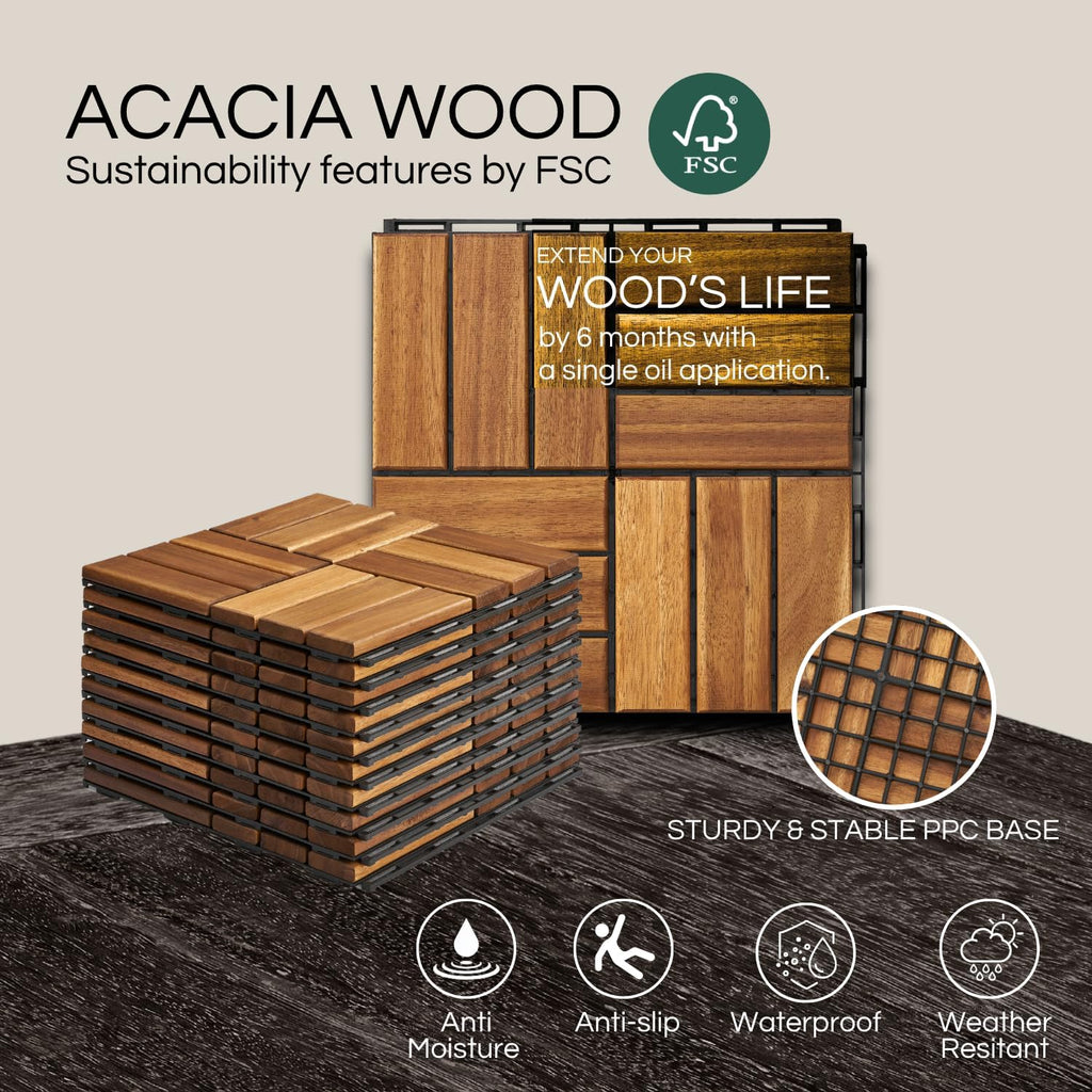 THYOI Premium Deck Tiles, Patio Flooring - Set 10 Pcs 12”x12”x0.9” Interlocking Deck Tiles, Waterproof Acacia Wood for Balcony, Backyard, Indoor & Outdoor (Golden Teak, Crossed Pattern, Square Joints)