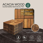 THYOI Premium Deck Tiles, Patio Flooring - Set 10 Pcs 12”x12”x0.9” Interlocking Deck Tiles, Waterproof Acacia Wood for Balcony, Backyard, Indoor & Outdoor (Golden Teak, Crossed Pattern, Square Joints)