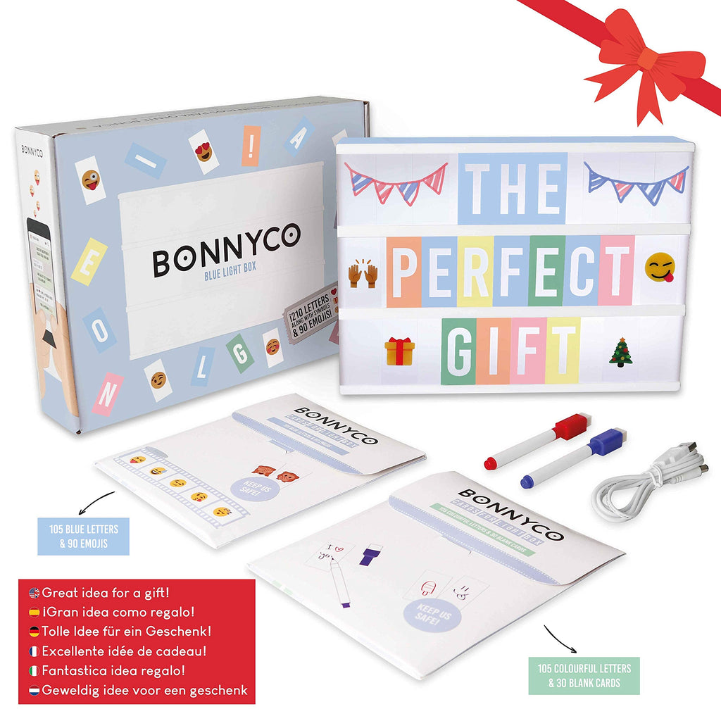 BONNYCO Blue Cinema Light Box with 400 Letters, Emojis and 2 Markers, USB