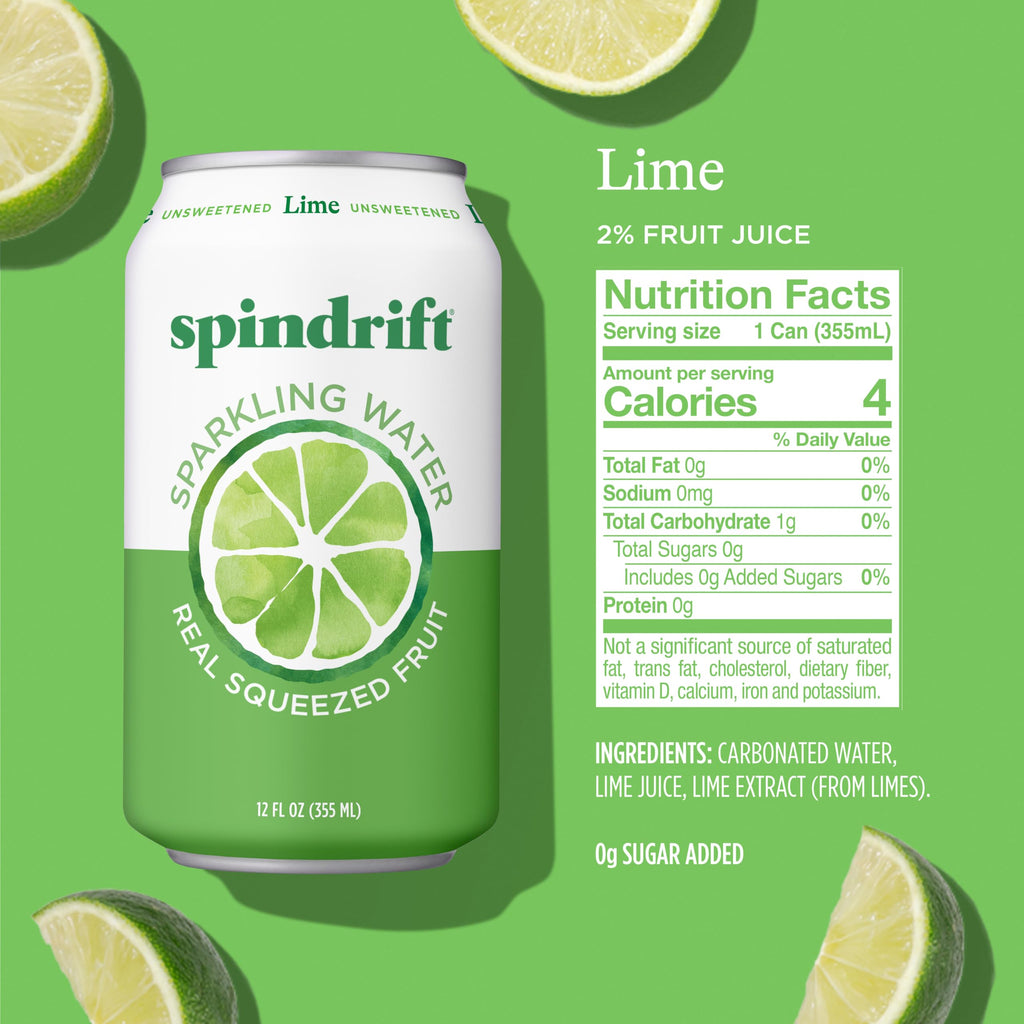 Spindrift Sparkling Water, Lime Flavored, Made with Real Squeezed Fruit, 12 Fl Oz Cans, Pack of 24 (Only 4 Calories per Can)