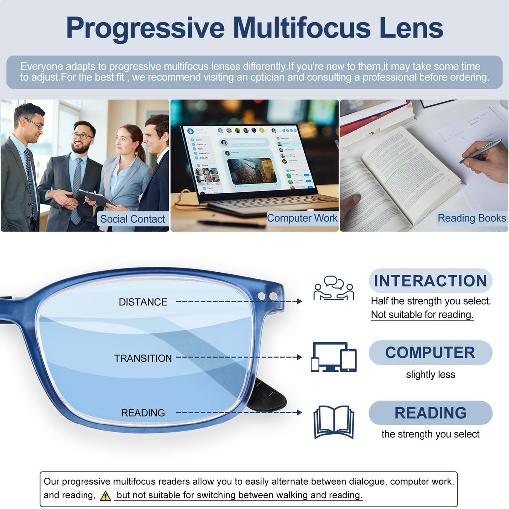 EASY READ TR90 Progressive Multifocal Reading Glasses for Men,Rectangular Blue Light Blocking Readers with Spring Hinge(Magnification 1.50,Blue)