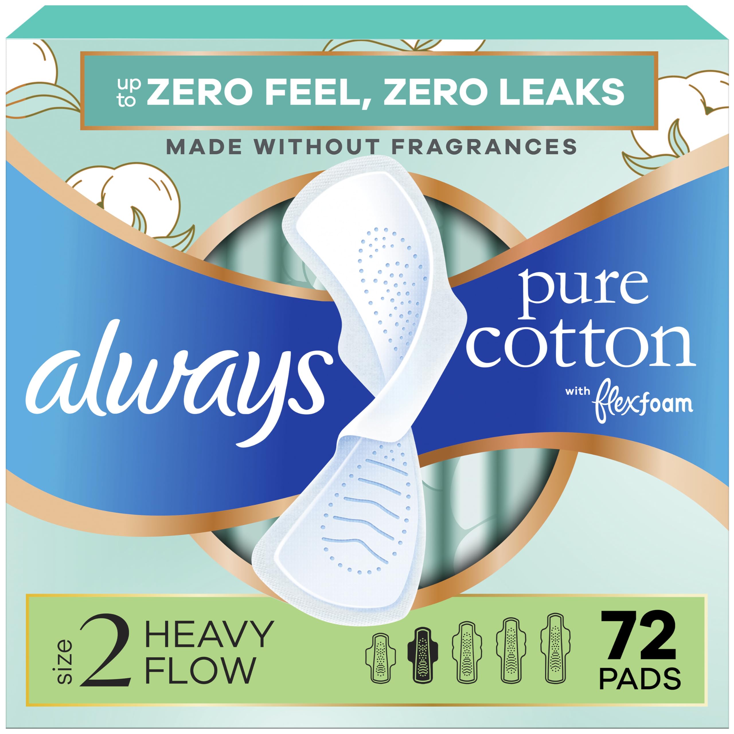 Always Pure Cotton Feminine Pads for Women, FlexFoam Pads with Wings, Size 2, Heavy Absorbency, Unscented, 72 Count (3 Packs of 24)