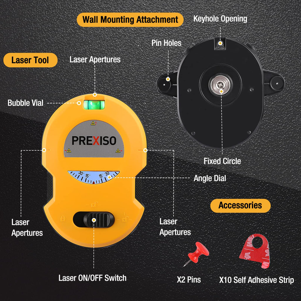 PREXISO Multi Surface Laser Level LED Light Vial, 30Ft Horizontal & Vertical Line Laser with Wall Mount Base, 2 Pins, 10 Sticker, 2 AA Batteries for Hanging Frames & Picture, Construction Gift for Dad