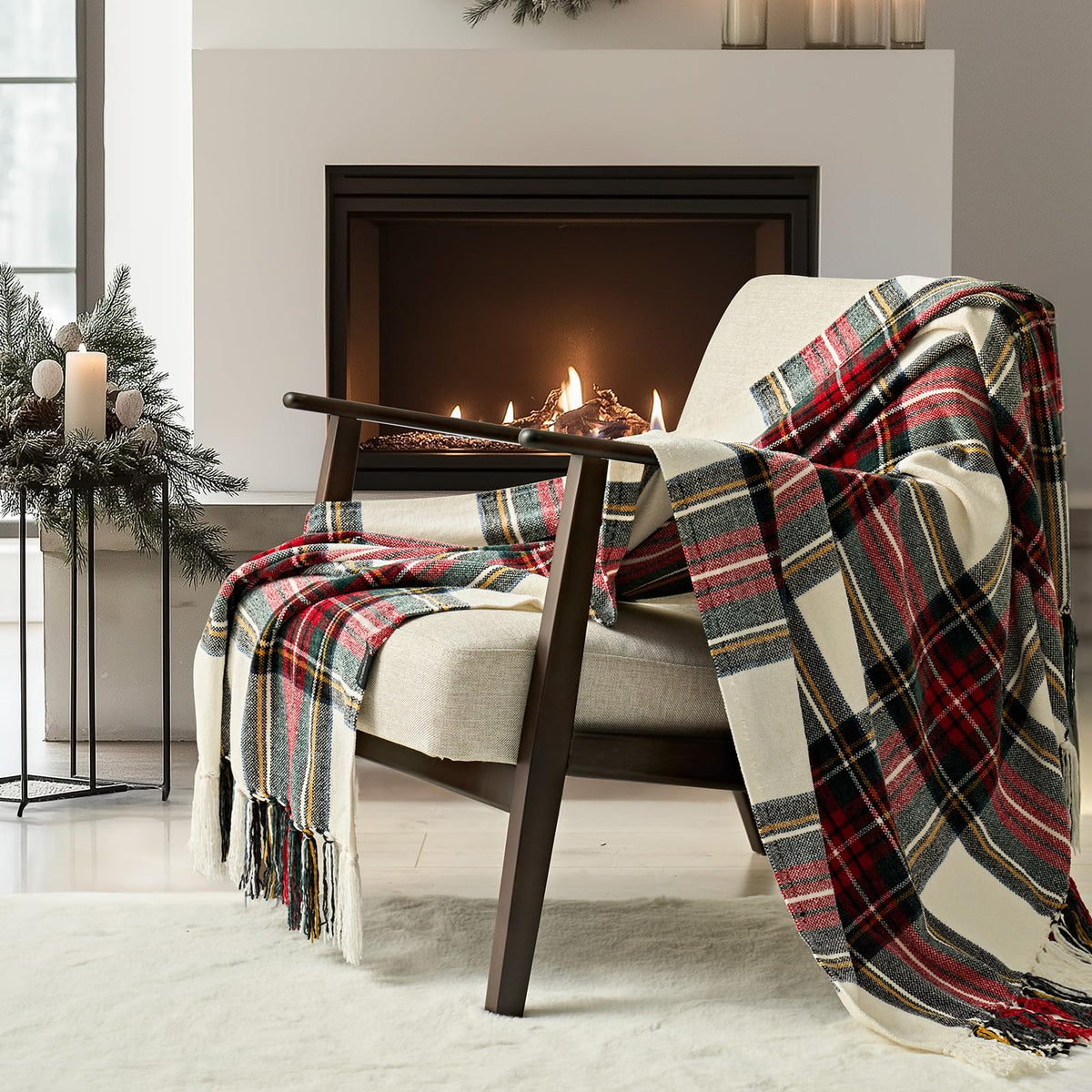 EverGrace Chenille Christmas Throw Blanket, 50"x60", White Stewart Plaid