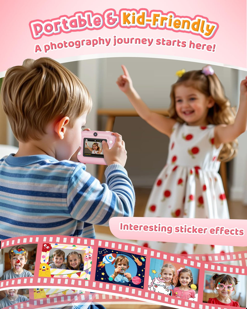 Instant Camera, Front Rear Dual Selfie Kids Camera with 1080P Videos, Holiday Birthday Gifts for Kids Age 3-12, Toddler Portable Travel Print Digital Camera Toy for 4 5 6 7 8 9 Year Boys Girls