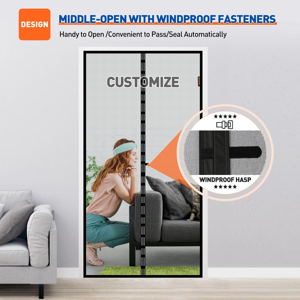 MAGZO Customized Magnetic Screen Door, Sturdy Magnets Double Mesh Door Screen Curtain with Full Frame Hook & Loop for French Entrance