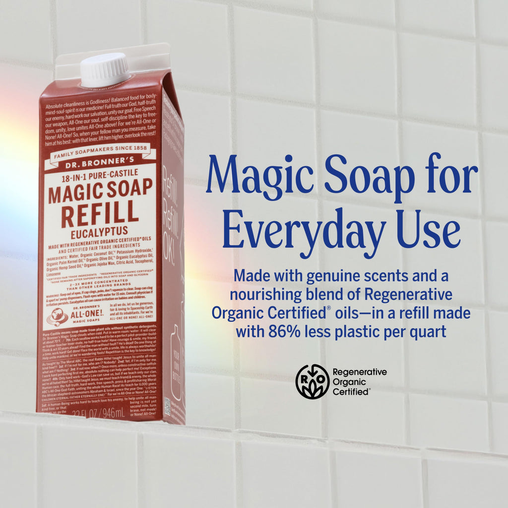 Dr. Bronner's Magic Soap-Pure-Castile Liquid Refill (Eucalyptus, 32 ounce, 2-Pack) - Regenerative Organic Certified Oils, For Body, Hair, Laundry, Pets & Dishes, Concentrated, Vegan, Non-GMO