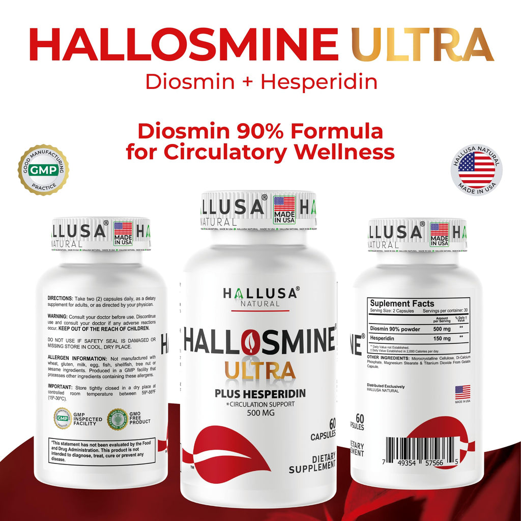 Hallusa Natural Hallosmine Ultra Diosmin 500mg & Hesperidin 150mg – Heavy Legs, Swelling & Vein - Blood Circulation Supplements, 60 Caps