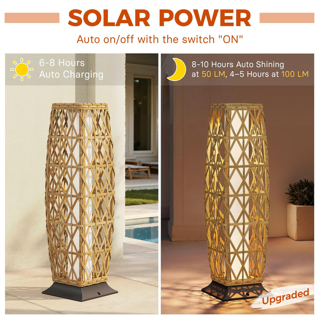 Grand patio 2-Piece Outdoor Floor Lamp Solar Lantern, Water-Resistant Wicker Boho Patio Light with 50/100 Lumens Dual Brightness & Memory Mode for Garden Porch Deck Decor, Large Cindy Natural