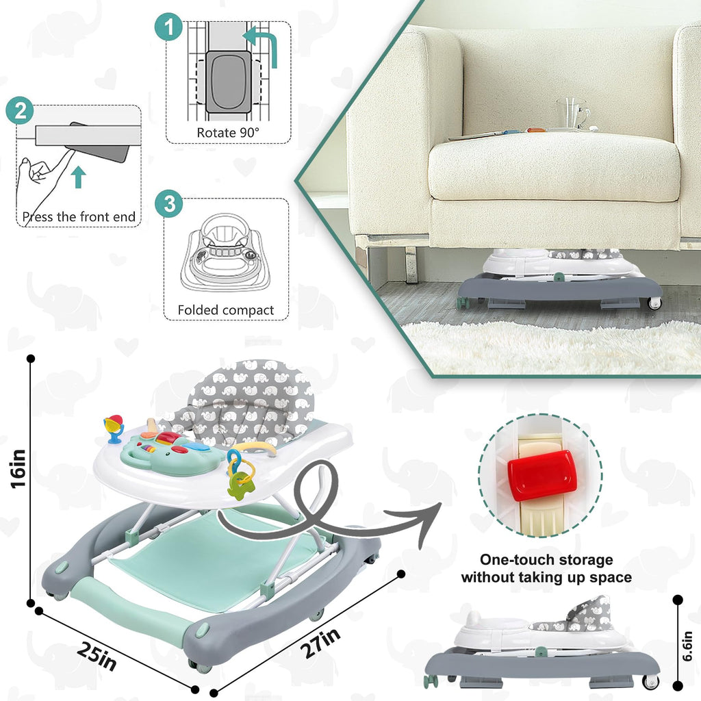 Foldable Baby 5-in-1 Activity Walker - Rocker, Activity Center, Bouncer, Seat Walker, Push Walker - Adjustable Speed Rear Wheels and Height Toys Ages 6-18 Months… (Mint Green)