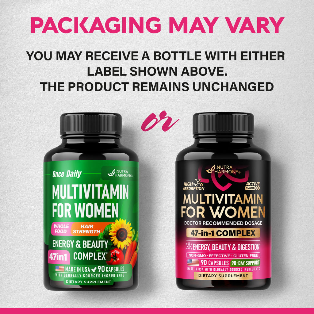 Multivitamin for Women - B-Complex | Whole Foods | Hair Growth Support | Digestion & Metabolism | Iron - 47in1 Womens Multivitamin - Bioavailable & Gentle on Stomach - Made in USA - 90 Capsules