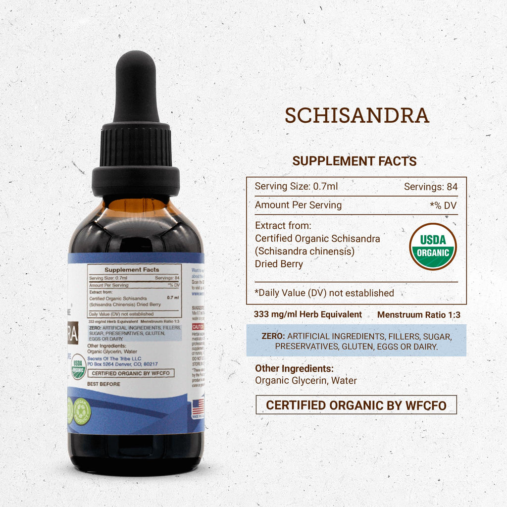 Secrets of the Tribe Schisandra USDA Organic | Alcohol-Free Extract, High-Potency Herbal Drops | Made from 100% Certified Organic Schisandra (Schisandra Chinensis) Dried Berry 2 oz