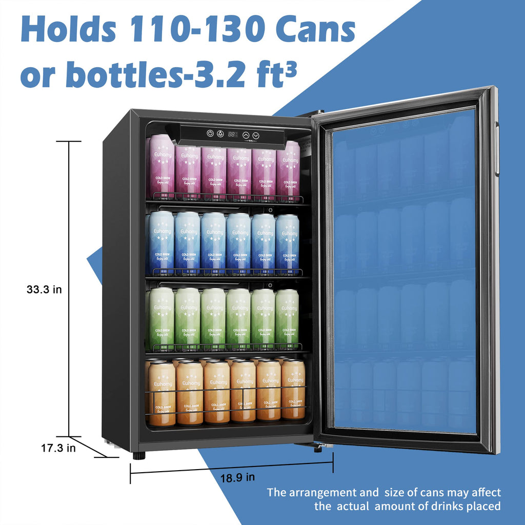 EUHOMY 3.5 Cu.Ft Beverage Cooler, 130 Can Mini Fridge with Glass Door, Small Refrigerator with Adjustable Shelves for Soda Beer or Wine, Perfect for Home/Bar/Office, large, sliver
