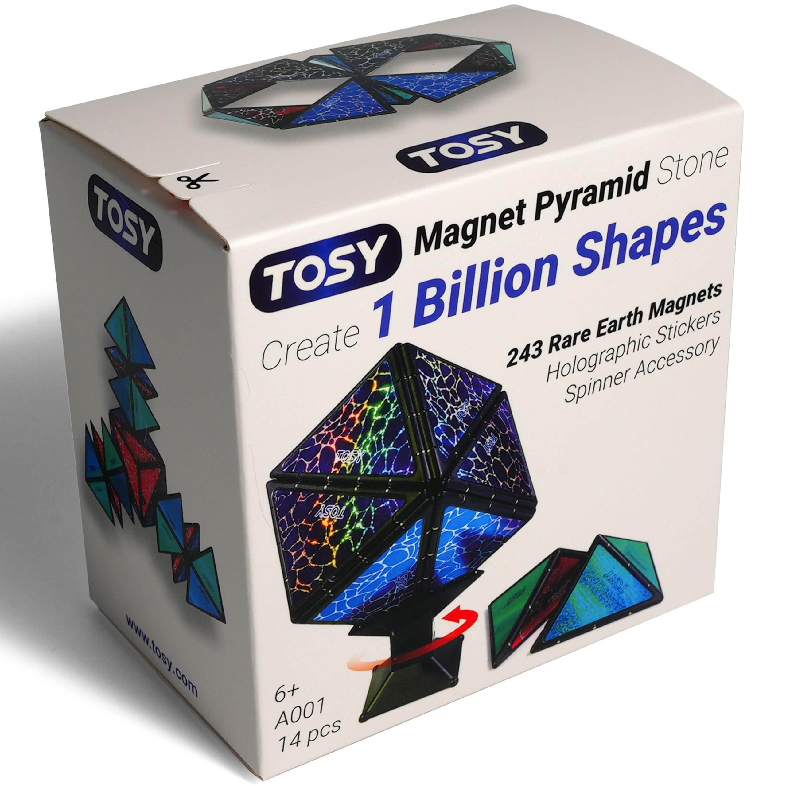 TOSY Magnet Pyramid Stone - 1 Cube Transforms into 1 Billion Shapes, 14 pcs (12 Puzzle pcs and 2 Accessories), 243 Rare Earth Magnets, Holographic Design Magnet Tiles Creative Puzzle STEM/STEAM Toy