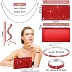 Kigeli 4 Pcs Women Rhinestone Clutch Purse Bling Jewelry Set,Red
