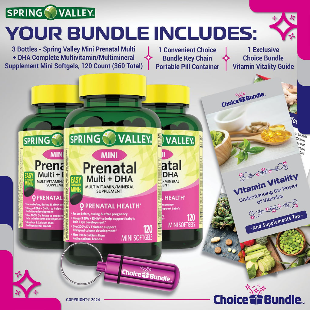 Choice Bundle Spring Valley Prenatal Multi + DHA Complete Multivitamin Multimineral Supplement Mini Softgels 120 Ct 3 pk (360 Total) + Vitamin Guide & Pill Container (5 Items)!