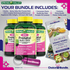 Choice Bundle Spring Valley Prenatal Multi + DHA Complete Multivitamin Multimineral Supplement Mini Softgels 120 Ct 3 pk (360 Total) + Vitamin Guide & Pill Container (5 Items)!