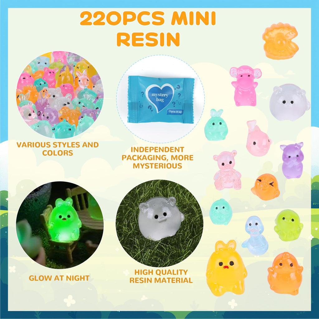 ShtNeeg 220 pcs Mini Resin Animals Blind Bags, Luminous Mini Resin Animal Figurines for Fairy Garden, Dollhouse, DIY Craft Decor, 50+ Animal Combination Sets for Adults