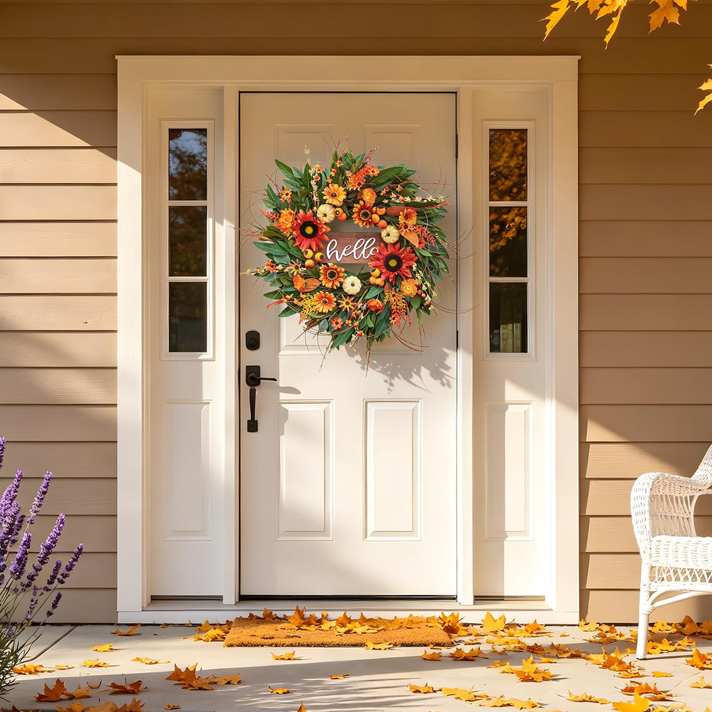24 Inch Artificial Fall Wreaths for Front Door Outside with Hello Sign''