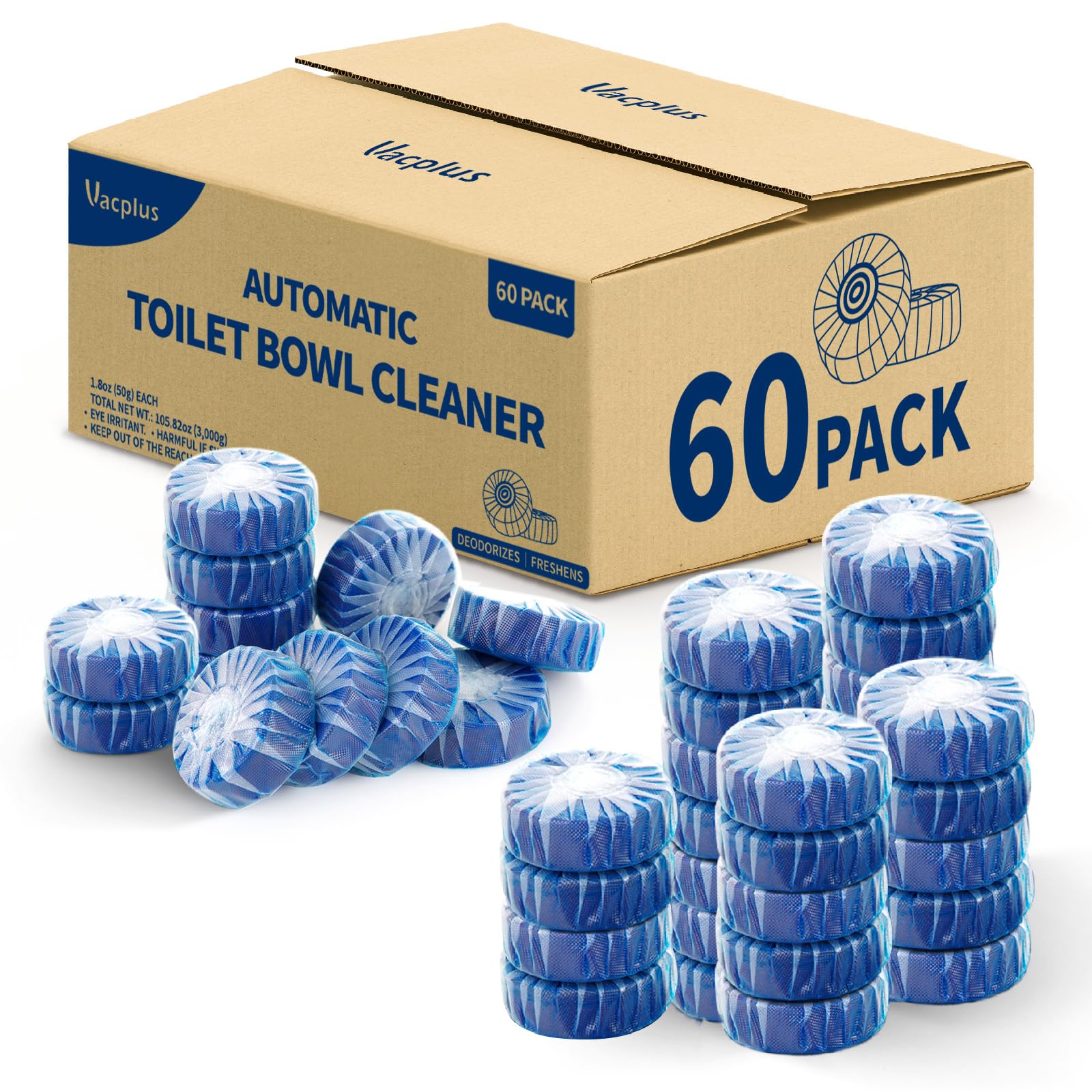 Vacplus Toilet Cleaner Tablets 60 Pack, Automatic Bowl & Tank Cleaner, Septic Safe, Powerful Cleaning, Prevent Stains & Deodorize
