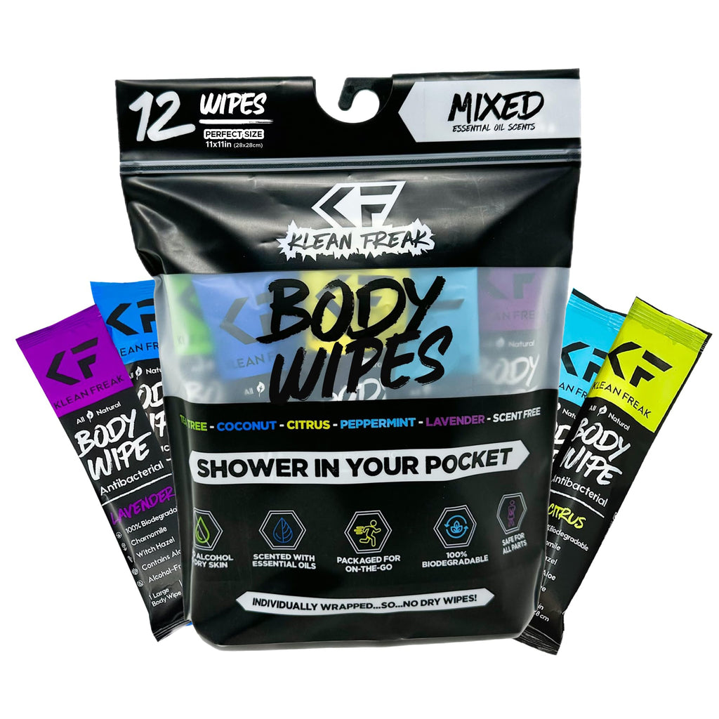 The Klean Freak Body Wipes - 12 count Individually Wrapped | Showerless Body Wipe for Women & Men | Sustainable Bodywipes for Gym, Travel, Camping | Mixed