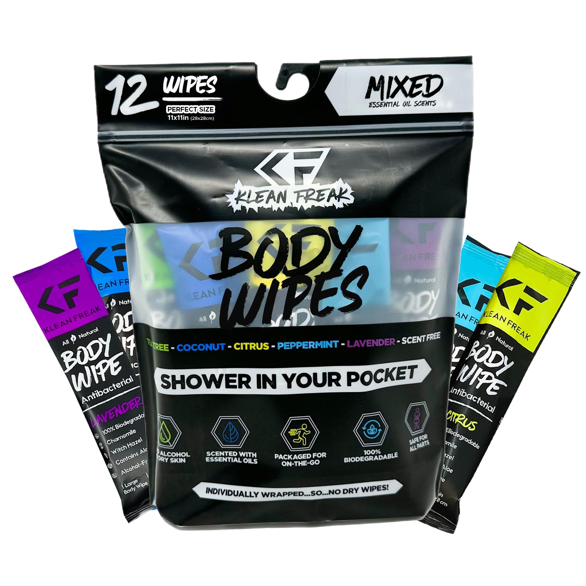 The Klean Freak Body Wipes - 12 count Individually Wrapped | Showerless Body Wipe for Women & Men | Sustainable Bodywipes for Gym, Travel, Camping | Mixed
