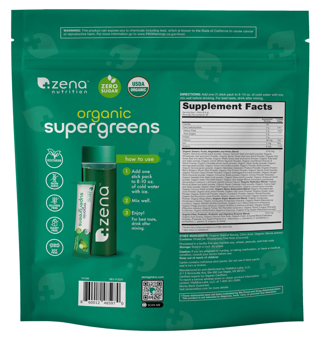 Zena Nutrition Organic Super Greens Powder, 70+ Superfoods, 0 Sugar, 3g Fiber, Spirulina, Chlorella, Mushrooms, Prebiotics/Probiotics, Digestive Enzymes, Gut Health, Green Apple, 30 Drink Mix Packets
